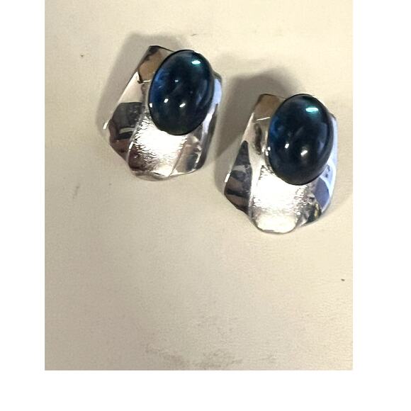 Estate Jewelry - pair of sterling silver earrings oval blue cabochon gemstones Stud Post Pierced